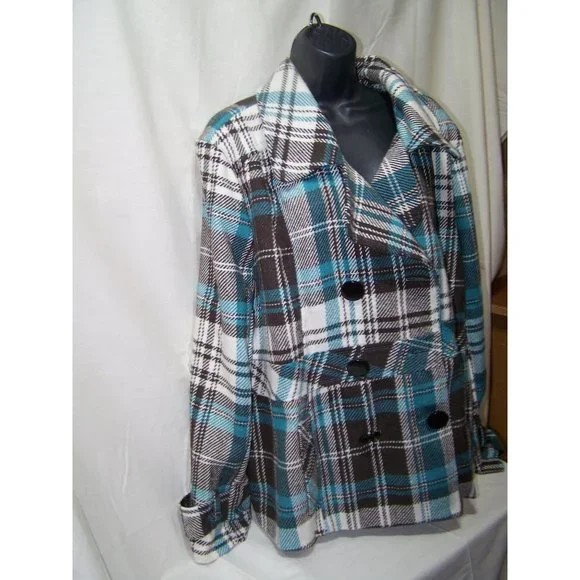 Deb Plaid Jacket Wool Short Blue Brown Plus 3X - Picture 2 of 10